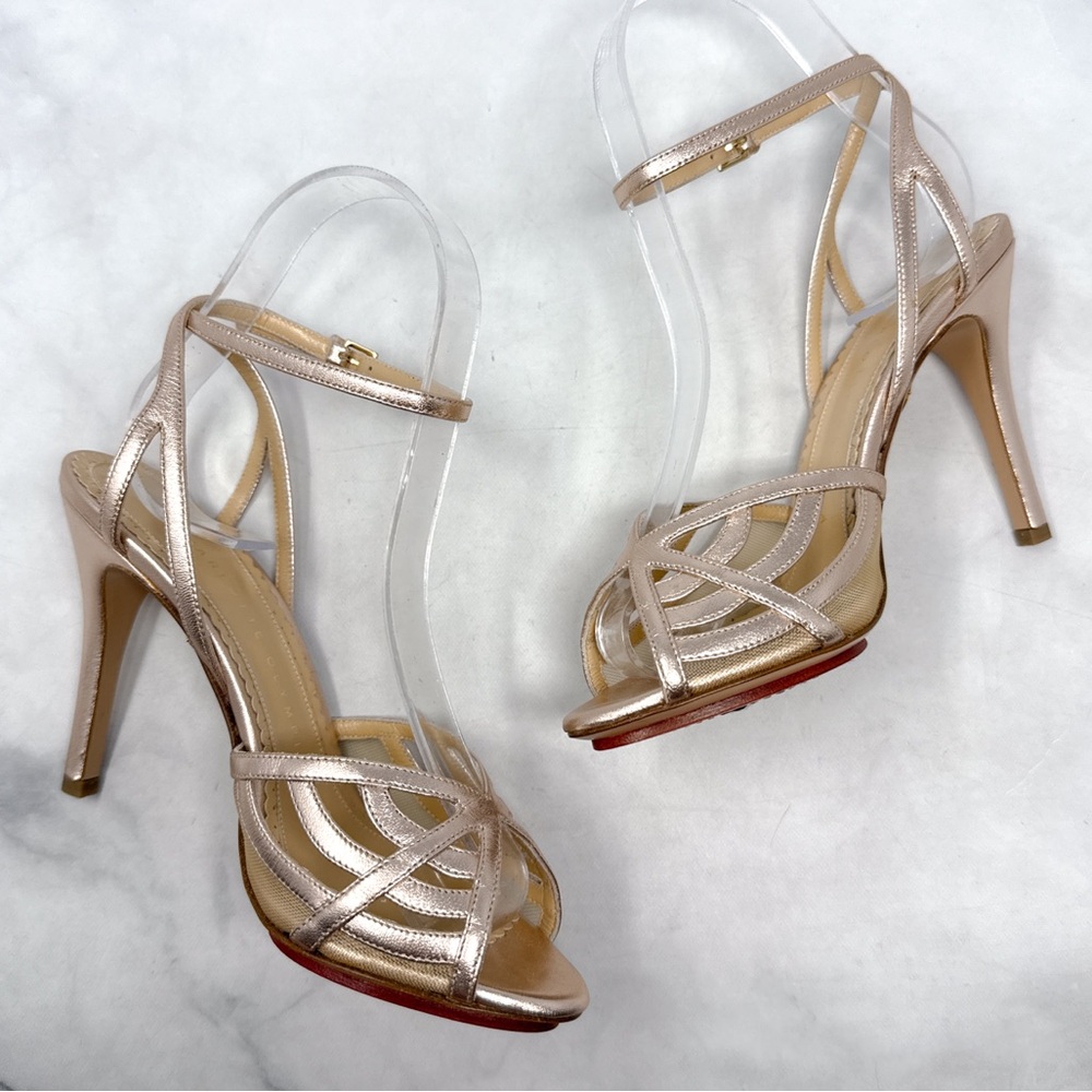 NEW Charlotte Olympia Octavia Spider Web Rose Gold Leather Strappy Sandal Heels - Picture 7 of 16